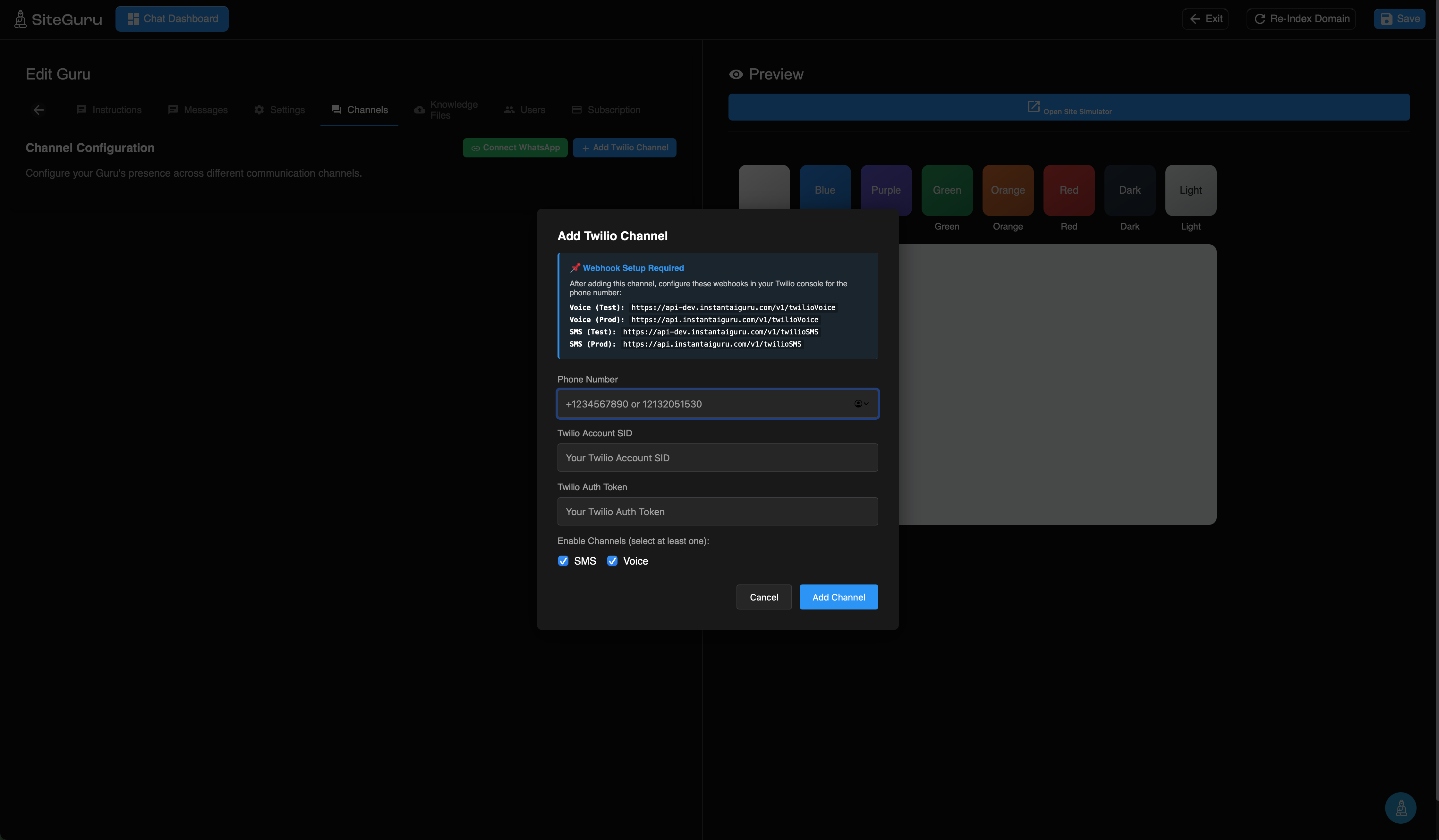 Twilio Integration in instantAIguru Dashboard