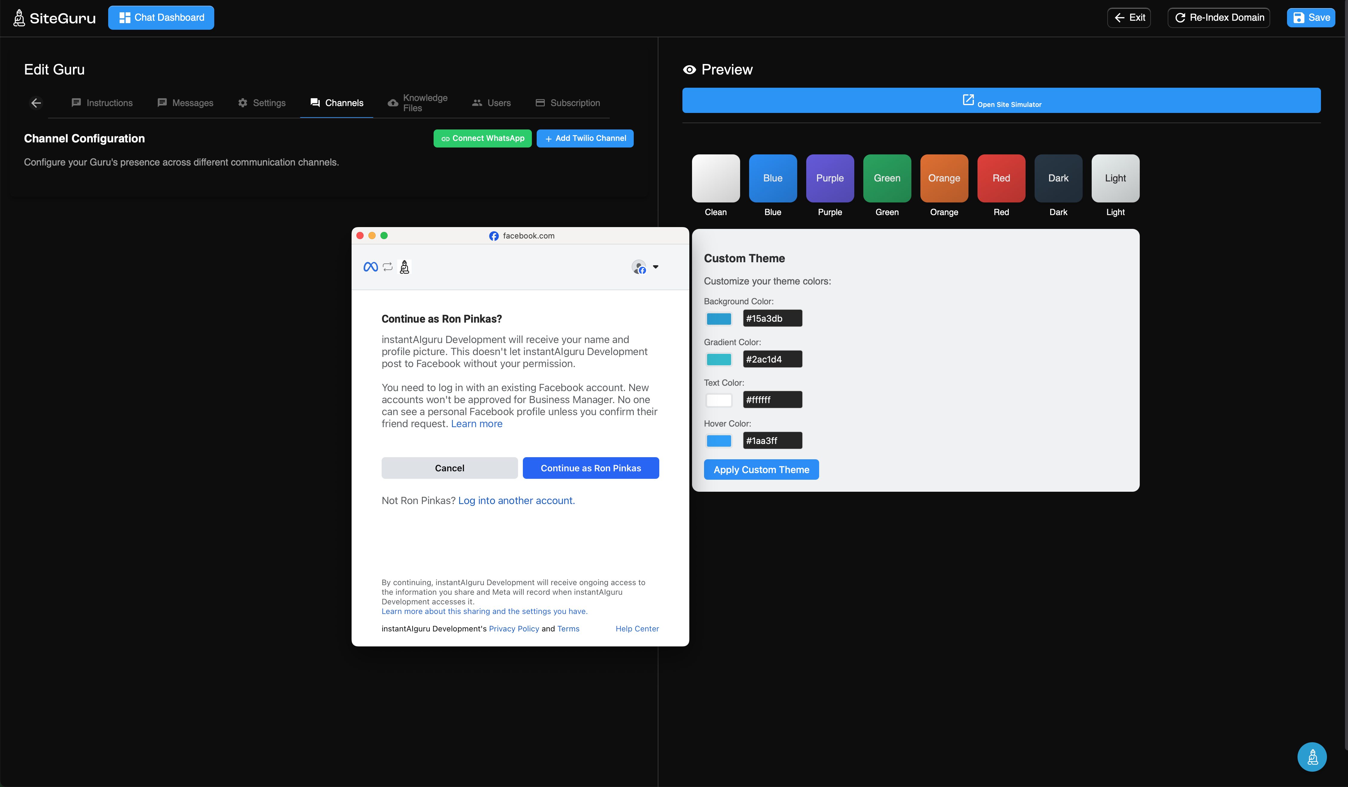 WhatsApp Embedded Login in instantAIguru Dashboard