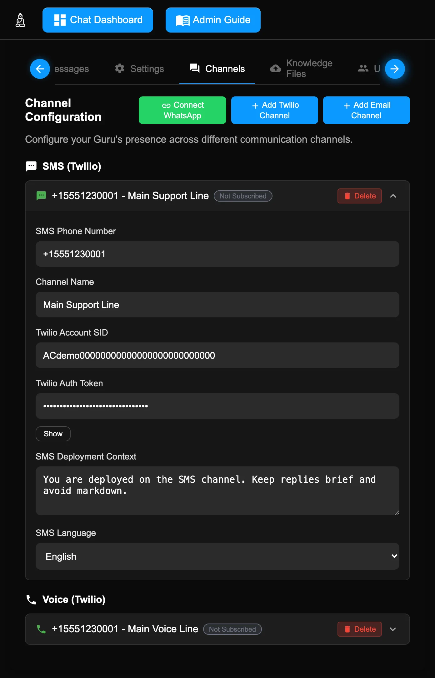 Channels tab showing an SMS (Twilio) card expanded with its fields and a collapsed Voice card, each with a Delete button and subscription badge.