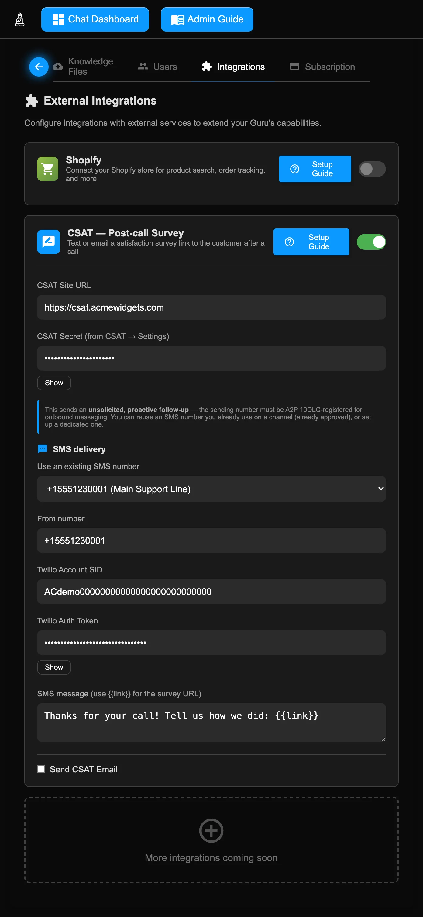 The CSAT card on the Integrations tab: Site URL, Secret with a Show button, an A2P notice, and an SMS-delivery section with an existing-number picker, From number, Account SID, Auth Token, and a message body containing the link placeholder.
