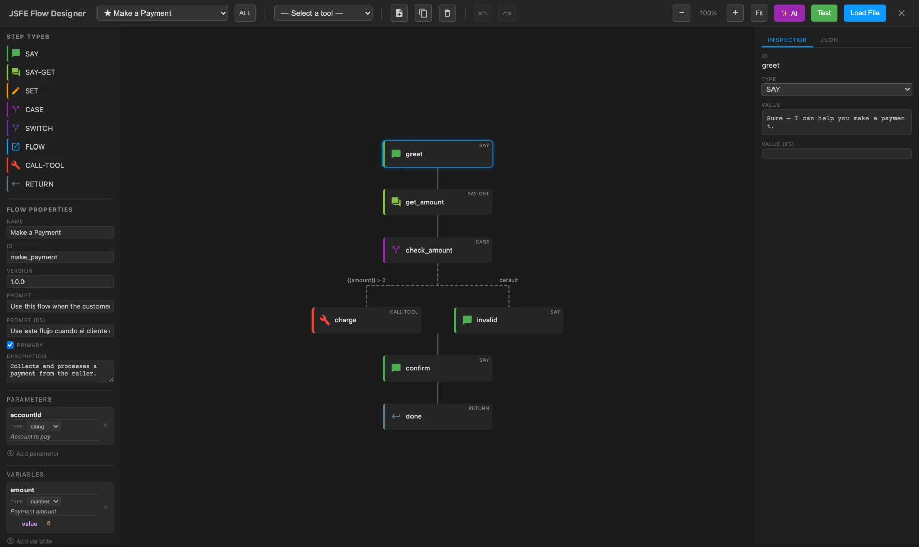 The Flow Designer: a step-type palette and flow properties on the left, a branching flow on the canvas (greet, ask amount, a CASE that splits into charge and invalid, confirm, return), and the Inspector showing the selected step's fields on the right.
