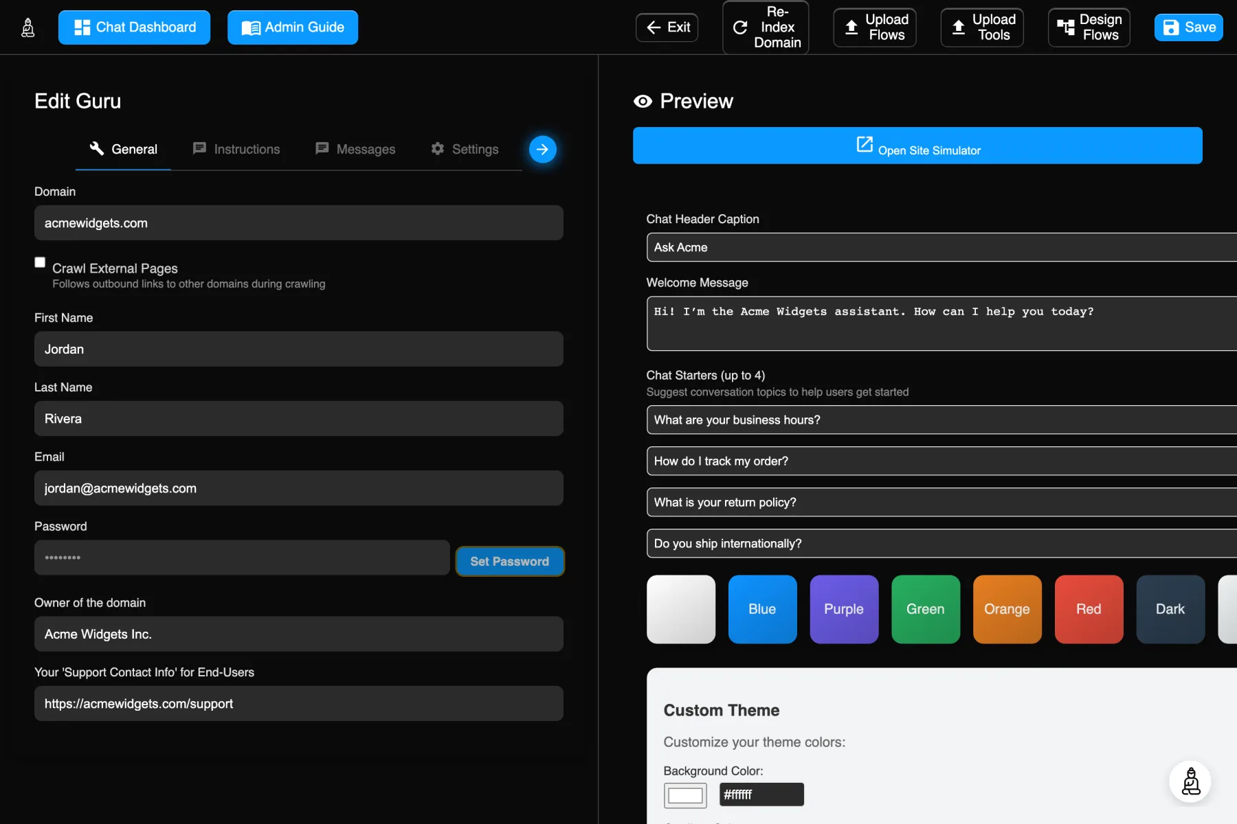 InstantAIguru Admin Portal: the General configuration tab on the left and the live chat-widget Preview panel on the right.