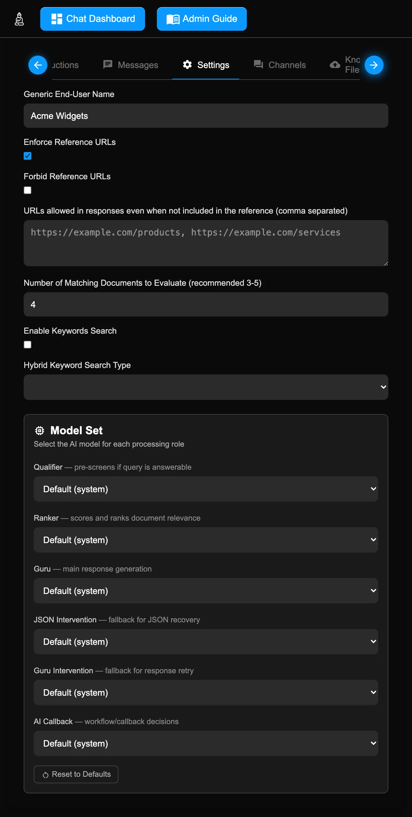 The Settings tab: reference-URL controls, the Number of Matching Documents to Evaluate field, keyword-search options, and the Model Set editor with per-role model selectors.